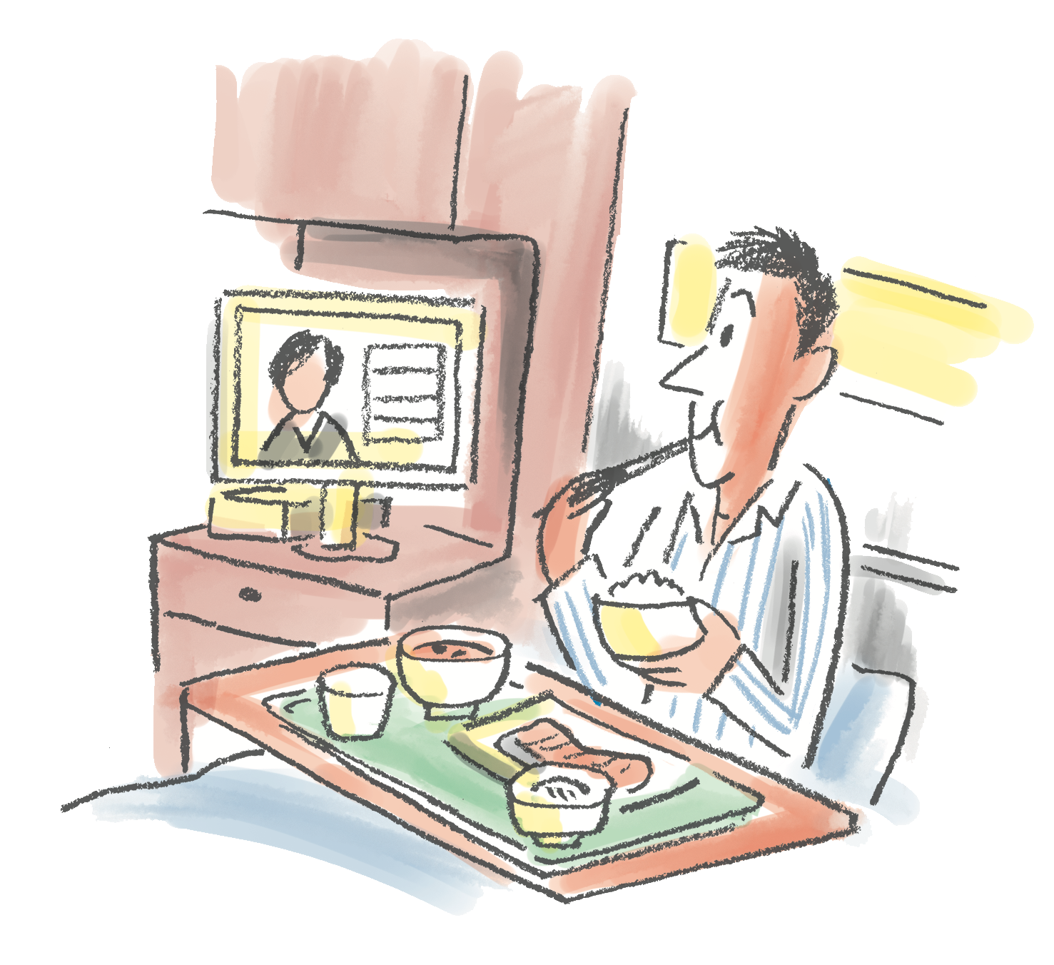 イラスト　テレビを見ながらごはんを食べる